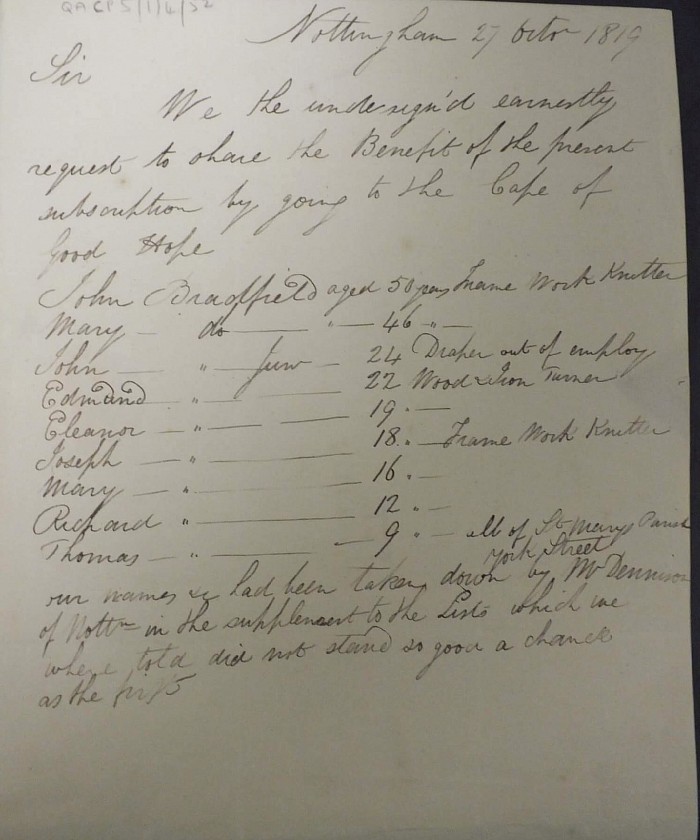 John Bradfield's Letter of Application for Emigration, dated 27 October 1819