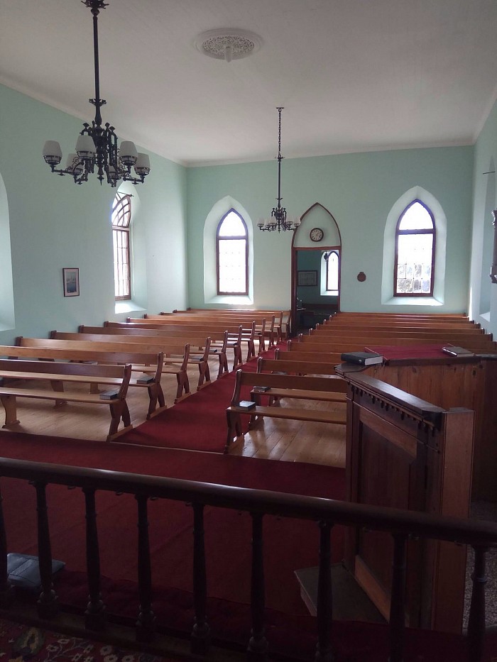 The interior of Clumber Church with most of the 1867 furnishings still intact