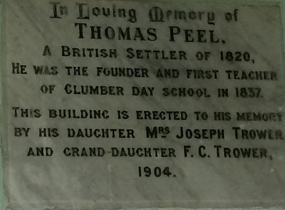 Memorial Plaque for Thomas Peel, first teacher at Clumber School