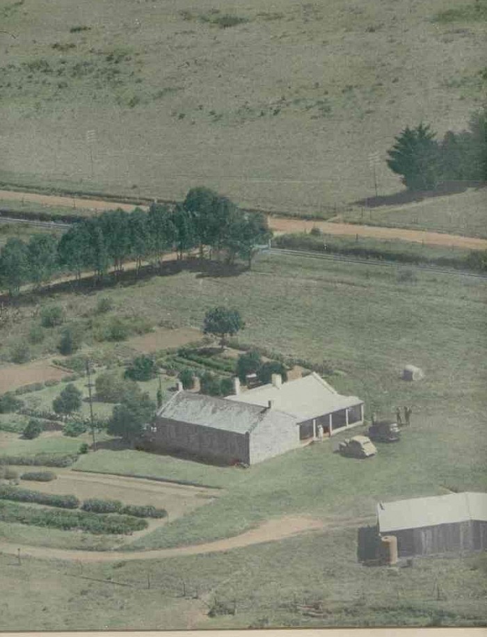 The farm “Prospect” in the 1950’s - photo by kind permission of Jean Morgan. Her grandparents Percy and Florrie Timm lived and farmed here. The original home, on the left, is a stone structure built by Edward Timm, an 1820 Settler of Calton’s Party.This open site was deliberately chosen as a defensive station for the people of Clumber during the Eighth Frontier Warsetting up camp here in wagons and hastily constructed wattle and daub shelters. This site is sill known as “Timm’s Camp “ in reference to this event . The original home is on the left of the photo with it’s two gables, a hallmark of the early Settler homes. The home on the right of the original structure was added on later. In the bottom right corner is the kitchen , a structure of iron and wood